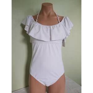 Raisins white Maui ruffled off the shoulders one piece swimsuit size M